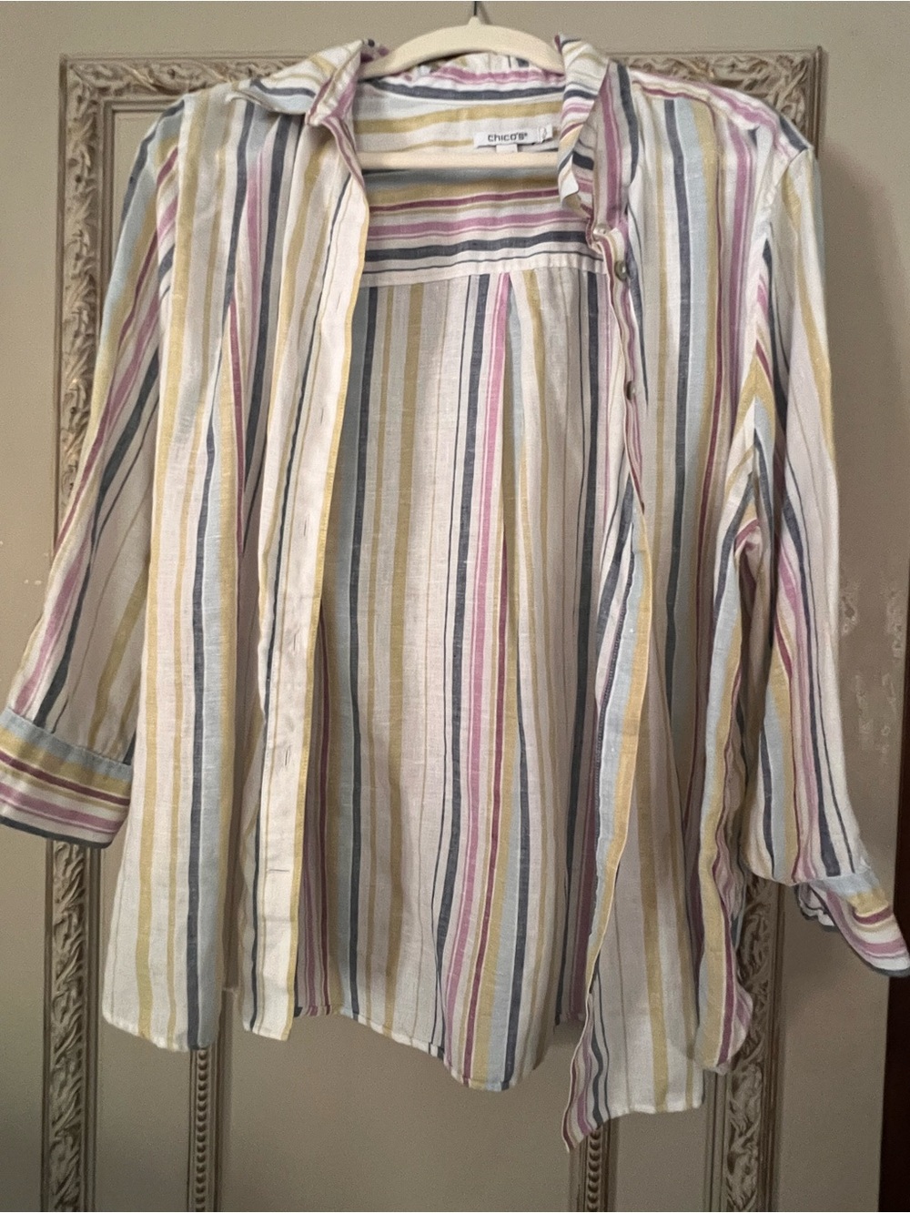 Chico’s 100% Linen Striped Button Front Shirt Size 3 (XL) Pink Blue Yellow - Picture 1 of 3